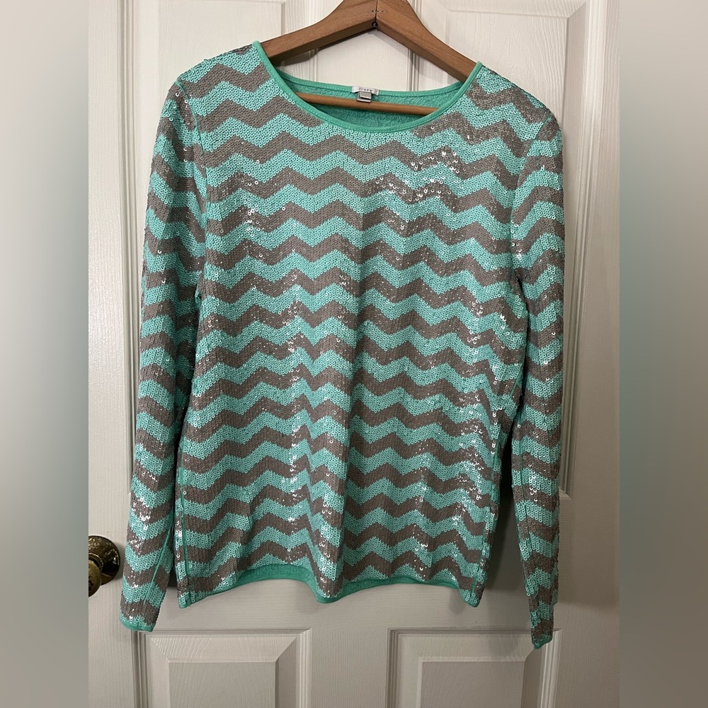 J. Crew Full Sequin Chevron Long Sleeve Top 100% Cotton Size L